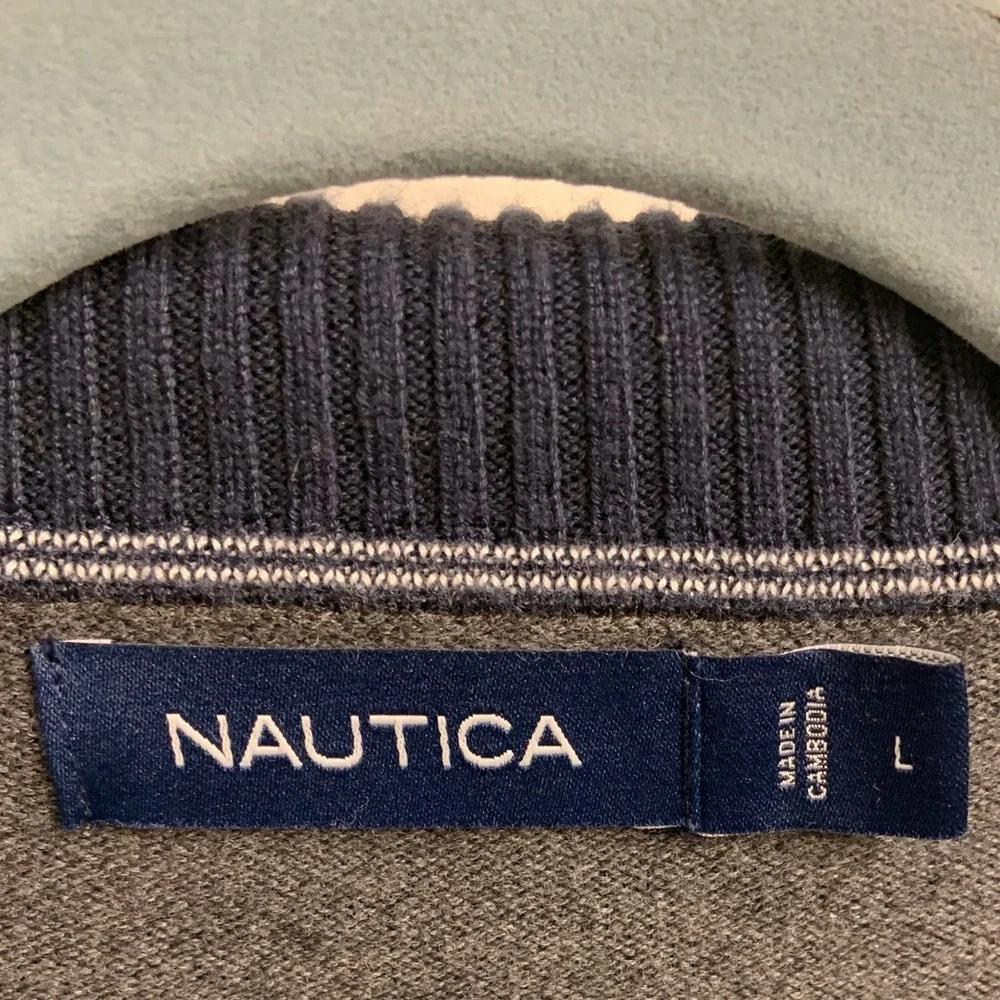 Nautica Gray Quarter Zip Sweater Pullover Ribbed Collar Cotton Blend Men’s Large - Picture 7 of 8